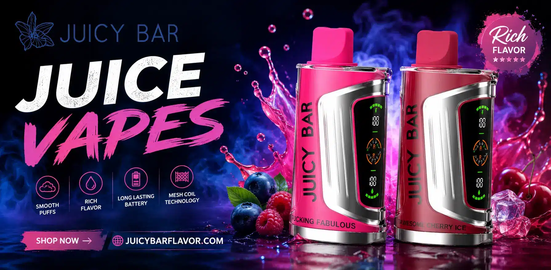Juicy vapes collection featuring colorful fruity disposable devices with vibrant flavor designs
