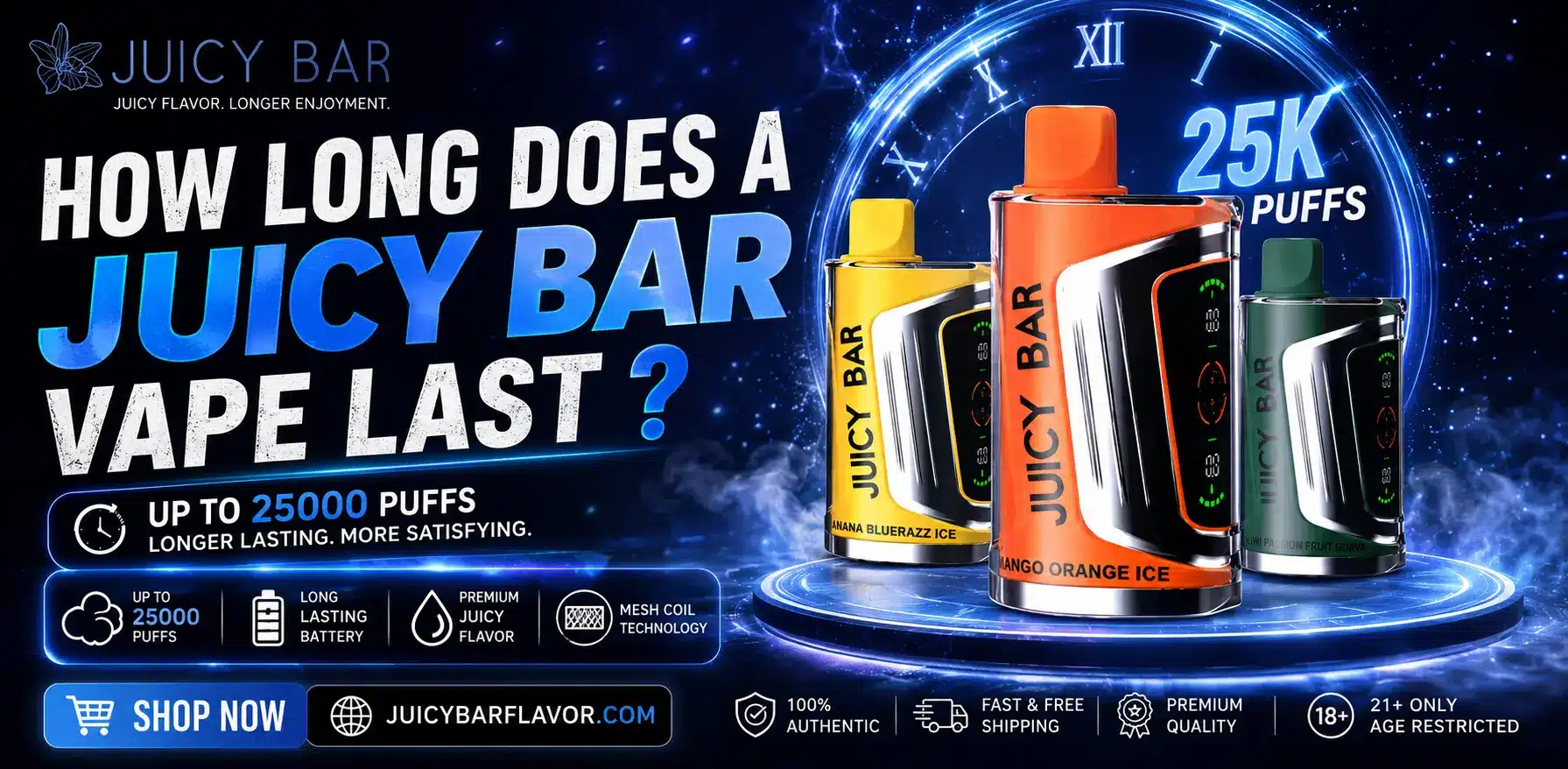 How Long Does a Juicy Bar Vape Last – Juicy Bar disposable vape device displayed with puff count information, rechargeable battery, e-liquid capacity, and visual indicators explaining how long the vape lasts based on usage habits and vaping frequency.