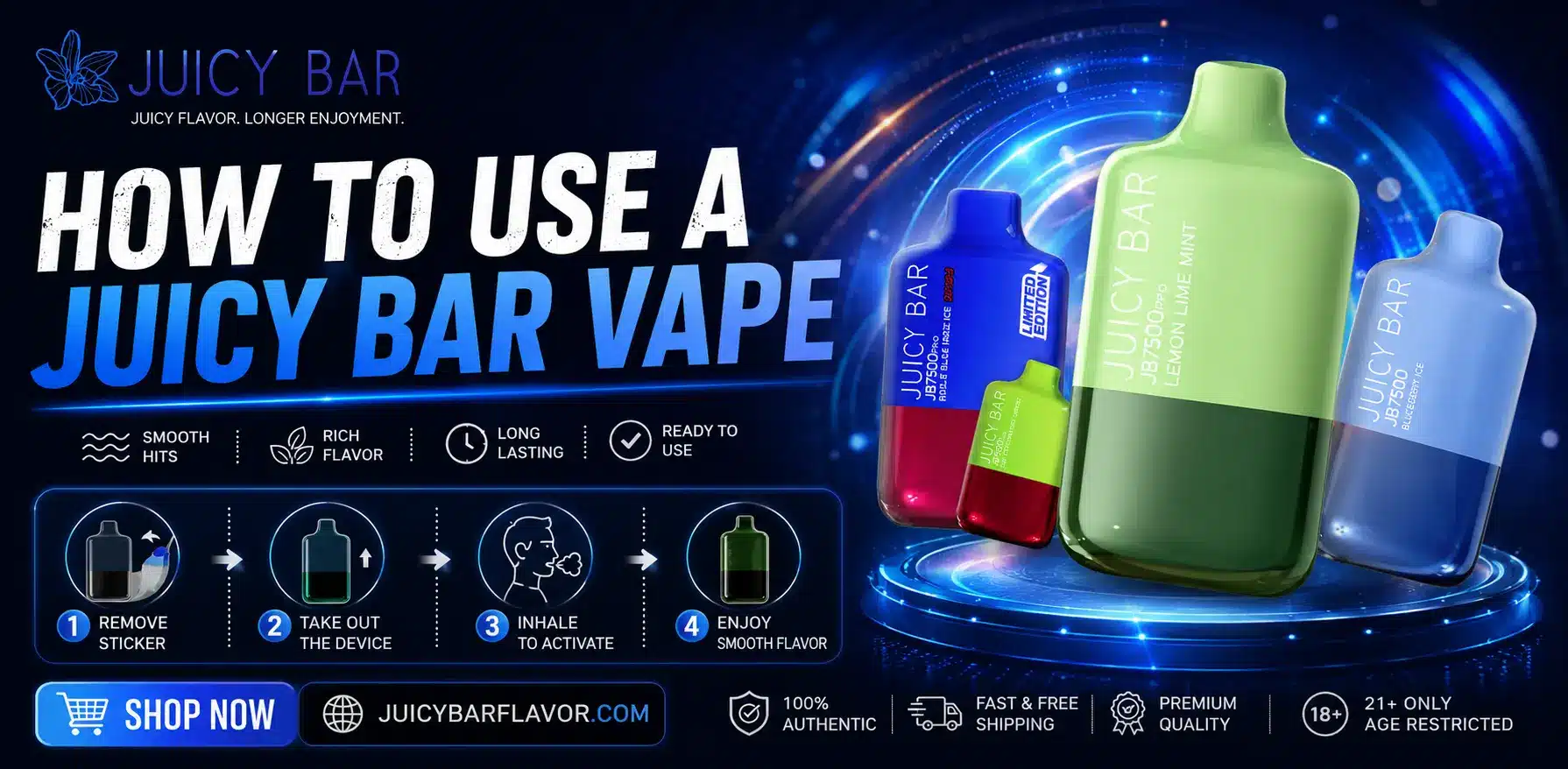 How to Use a Juicy Bar Vape – Step-by-step illustration of a Juicy Bar disposable vape showing how to remove protective seals, inhale to activate the device, monitor the battery, recharge if needed, and enjoy a smooth vaping experience for adult users.