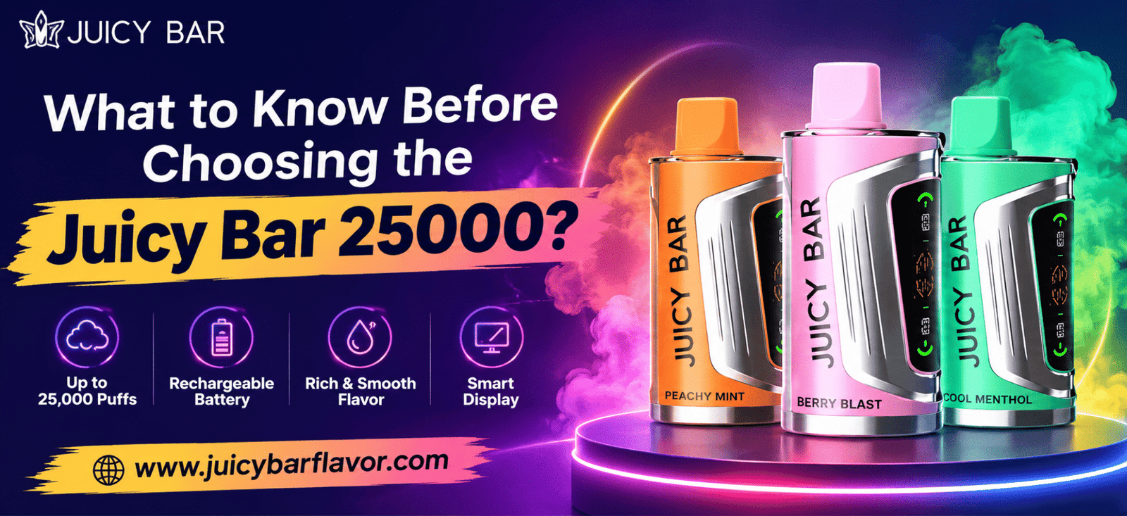 Juicy Bar 25000 featured image showcasing three colorful devices with key features and Juicy Bar branding