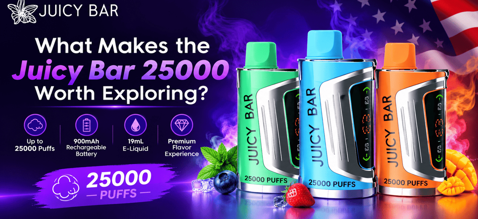 Juicy Bar 25000 disposable vape featured image with three colorful devices