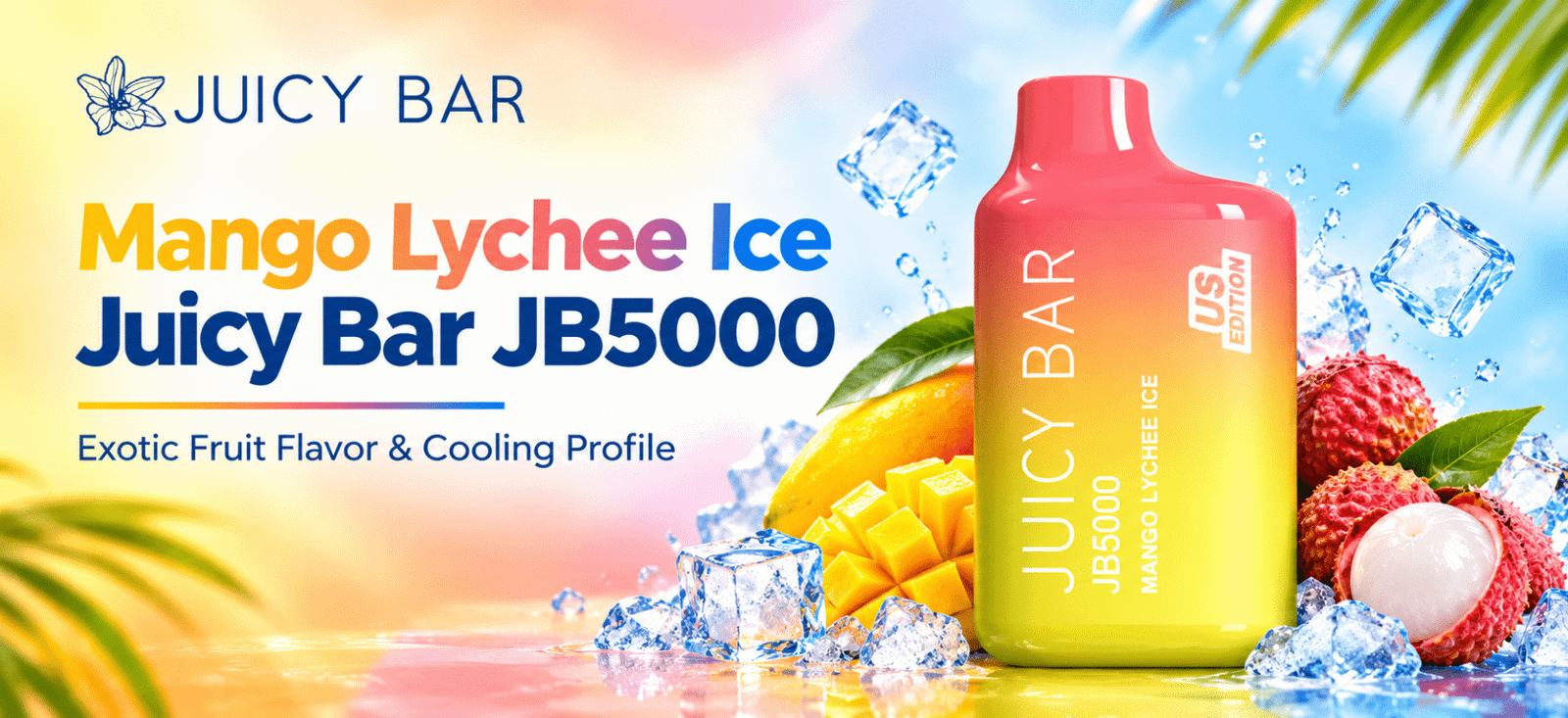 Mango Lychee Ice Juicy Bar JB5000 featuring an exotic tropical fruit flavor theme and cooling ice design