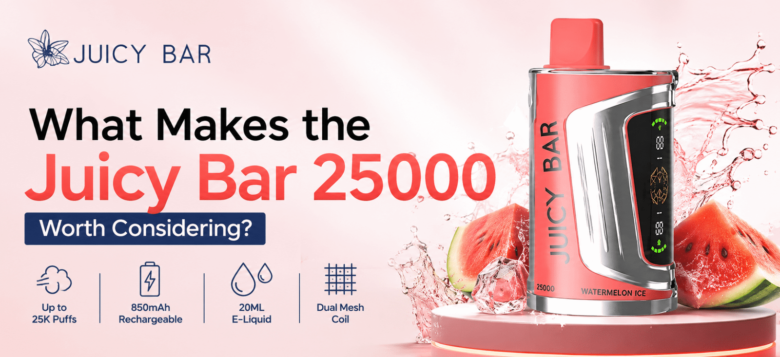 Juicy Bar 25000 vape device featured in a product banner highlighting its design and key features.