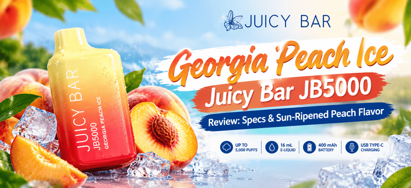 Georgia Peach Ice Juicy Bar JB5000 vape review featuring peach flavor, icy visuals, and product specifications.
