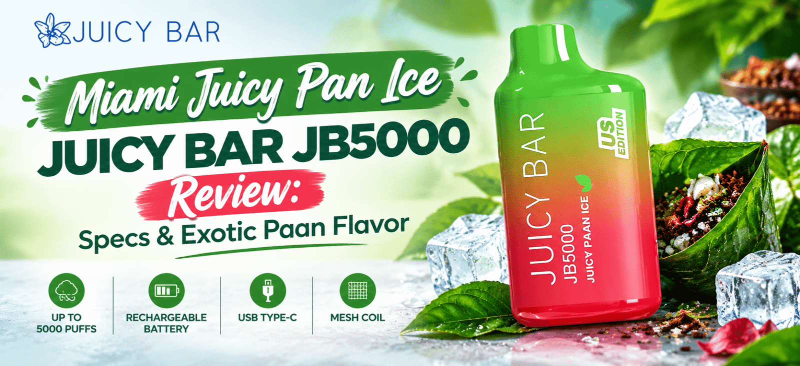 Juicy Pan Ice Juicy Bar JB5000 disposable vape review featuring exotic paan flavor, colorful device, and product specifications.