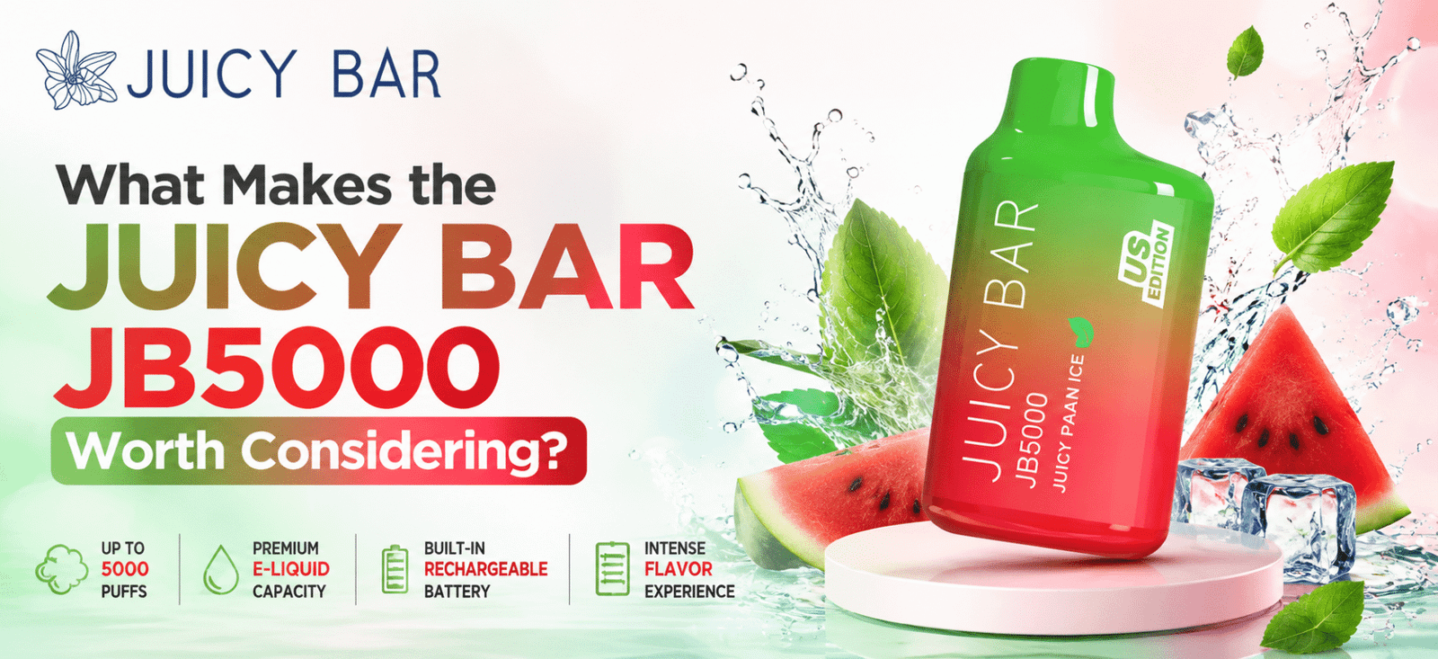 Juicy Bar JB5000 vape device with colorful gradient design and fresh watermelon and ice elements